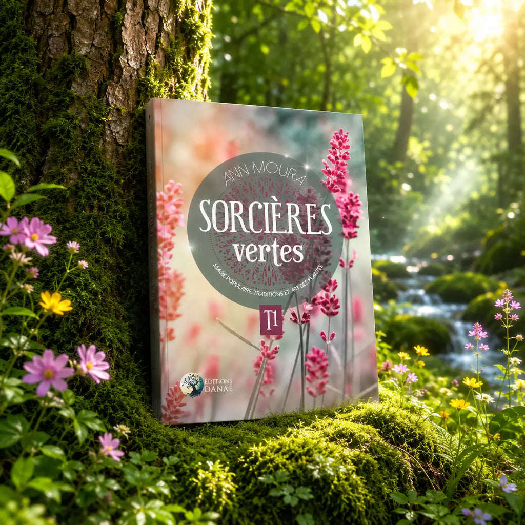 Livre Sorcières Vertes - Tome 1 d'Ann Moura posé sur de la mousse verte au pied d'un grand arbre, au bord d'un ruisseau forestier ensoleillé avec des fleurs sauvages.