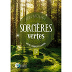 Couverture du livre Sorcières vertes - T2 : Entre ombre et lumière d'Ann Moura, présentant le titre dans un macaron vert olive sur fond d'une forêt ensoleillée et verdoyante aux reflets lumineux.