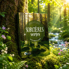 Livre Sorcières Vertes - Tome 2 d'Ann Moura adossé à un tronc d'arbre moussu dans une forêt verdoyante et lumineuse, à côté d'un ruisseau.