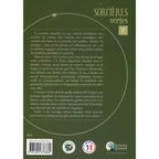 Quatrième de couverture du livre Sorcières vertes - T2, présentant le texte de présentation sur la sorcellerie naturelle et l'introspection magique, encadré par des lignes pointillées blanches sur fond vert olive.
