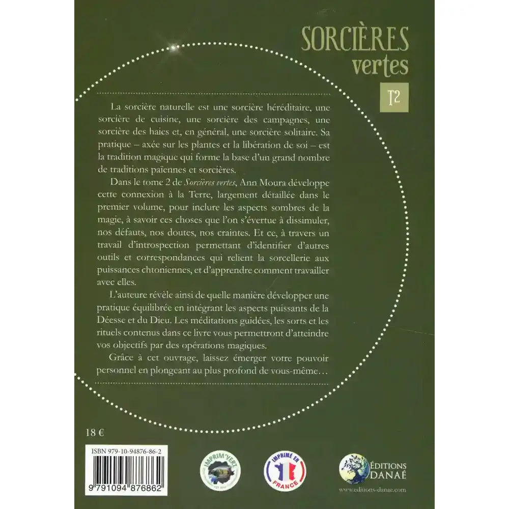 Quatrième de couverture du livre Sorcières vertes - T2, présentant le texte de présentation sur la sorcellerie naturelle et l'introspection magique, encadré par des lignes pointillées blanches sur fond vert olive.