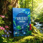 Livre Sorcières Vertes - Tome 3 d'Ann Moura adossé à un arbre moussue au bord d'un ruisseau ensoleillé, entouré de feuillages d'un vert éclatant et de fleurs sauvages.