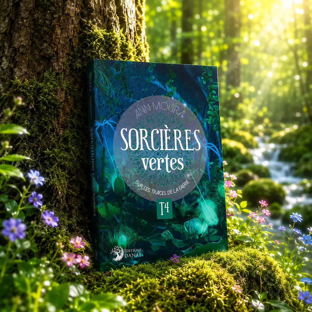 Livre Sorcières Vertes - Tome 4 d'Ann Moura adossé à un grand tronc d'arbre moussue au cœur d'une forêt lumineuse, près d'un ruisseau et de petites fleurs sauvages.