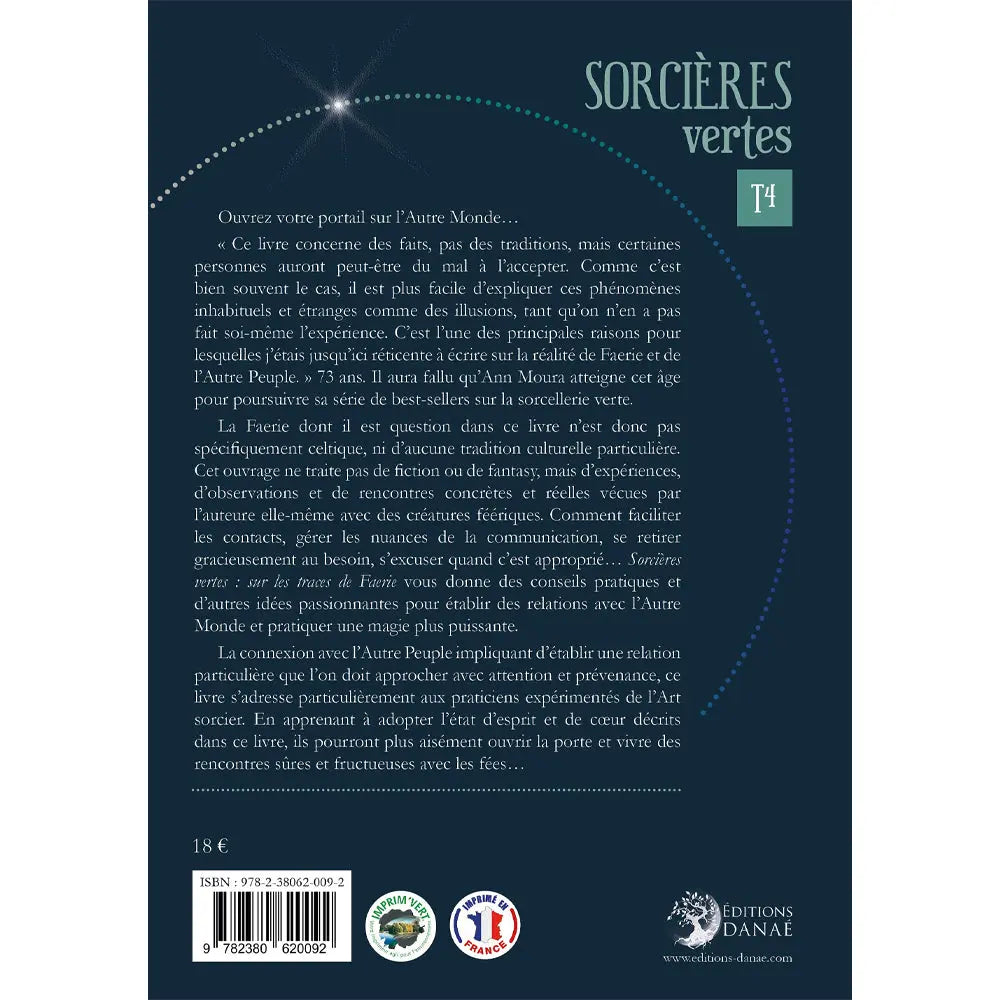 Quatrième de couverture du livre Sorcières vertes - T4, présentant le texte de présentation "Ouvrez votre portail sur l'Autre Monde..." évoquant la Faerie et les créatures féeriques, encadré par des lignes pointillées blanches sur fond bleu canard très sombre.