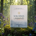 Livre Sorcières Urbaines de Lisa Marie Basile posé sur une souche d'arbre moussue au milieu d'une forêt ensoleillée, entouré de fleurs violettes et bleues.