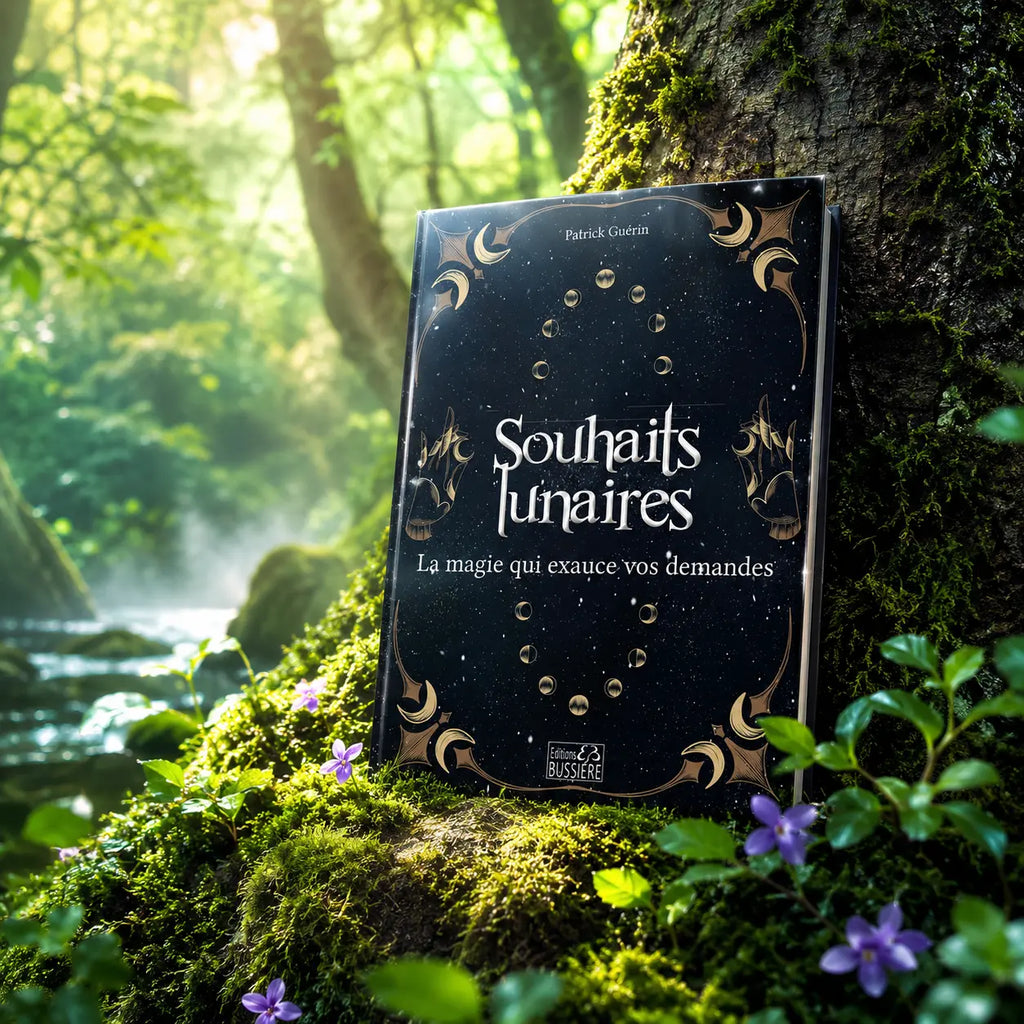 Livre Souhaits Lunaires de Patrick Guérin adossé contre le tronc moussu d'un arbre dans une forêt ensoleillée, au bord de l'eau avec des fleurs mauves.