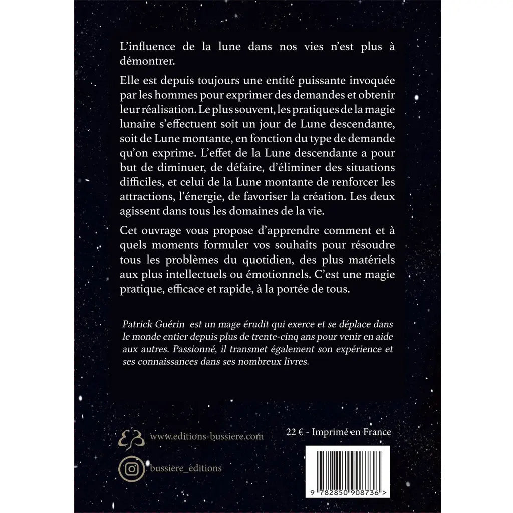 Quatrième de couverture du livre Souhaits lunaires, présentant le texte de présentation sur l'influence et la magie de la lune ainsi qu'une biographie de l'auteur, sur un fond de ciel étoilé noir.