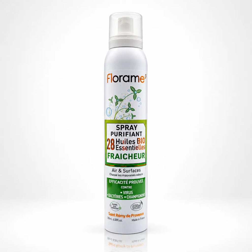 Spray purifiant Florame Fraîcheur aux 28 huiles essentielles BIO pour air et surfaces.