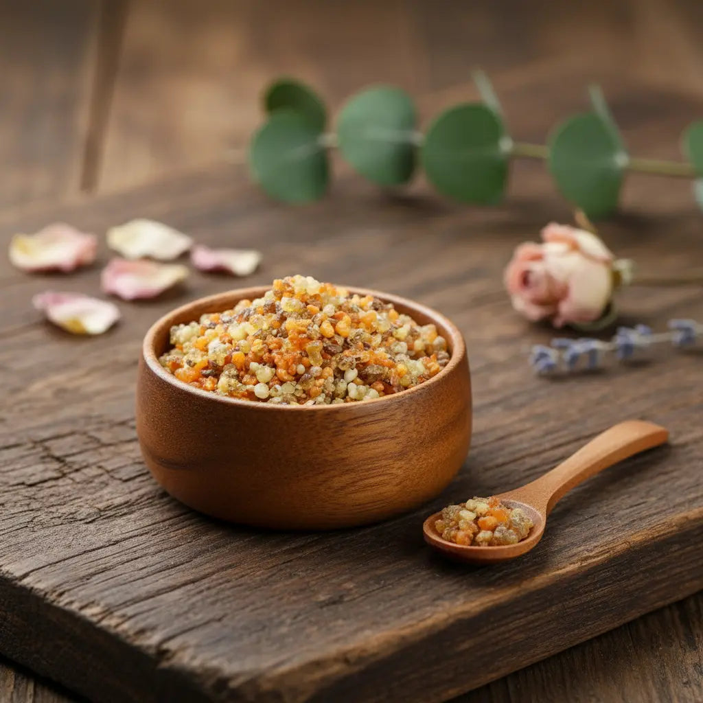 Coupelle en bois remplie de grains d’encens Saint Ange Gardien orangés et clairs avec petite cuillère sur planche en bois.
