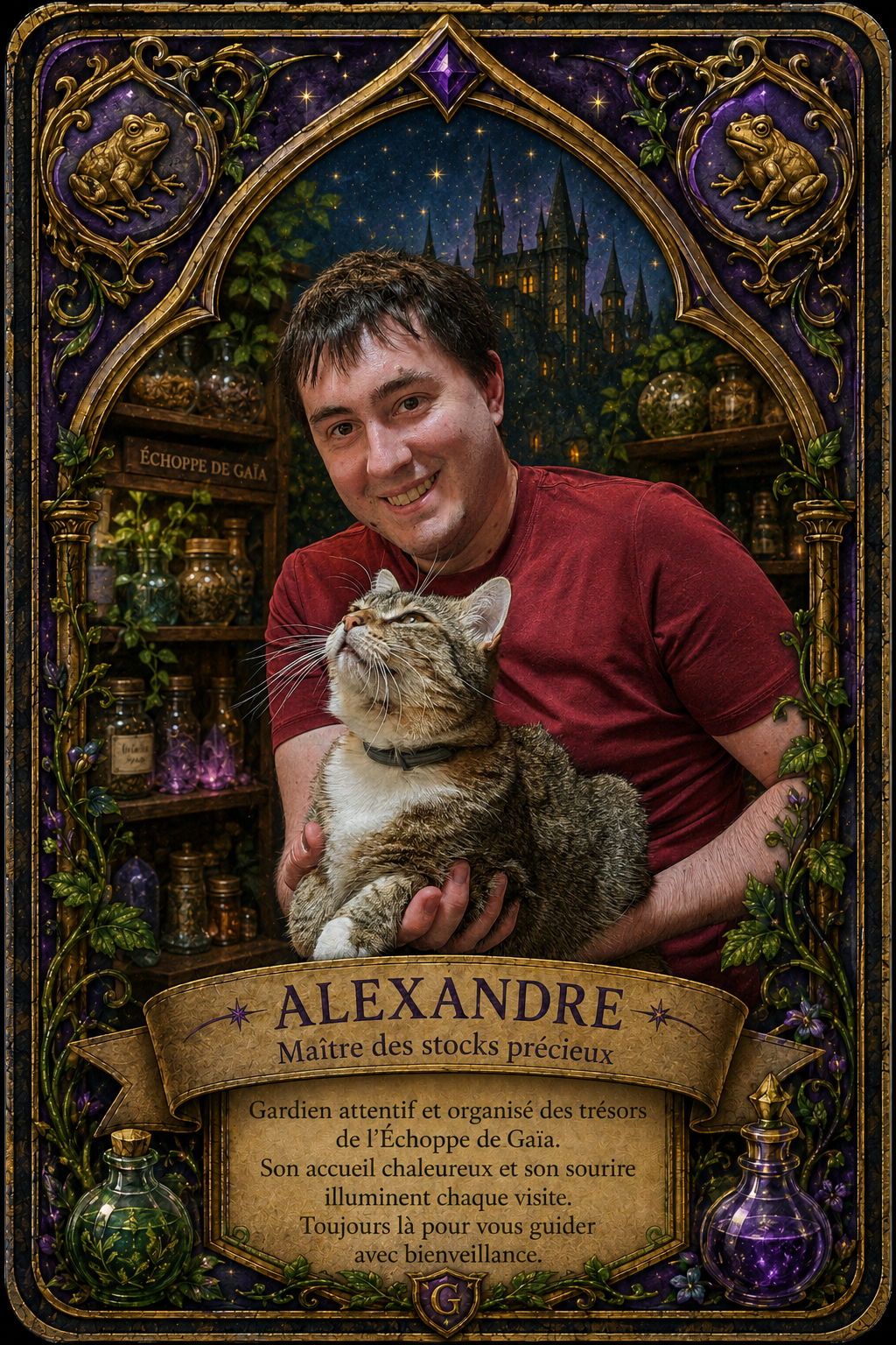 Portrait d'Alexandre Maître des stocks précieux de l'Échoppe de Gaïa, souriant en t-shirt rouge et tenant un chat tigré dans un cadre fantastique orné.