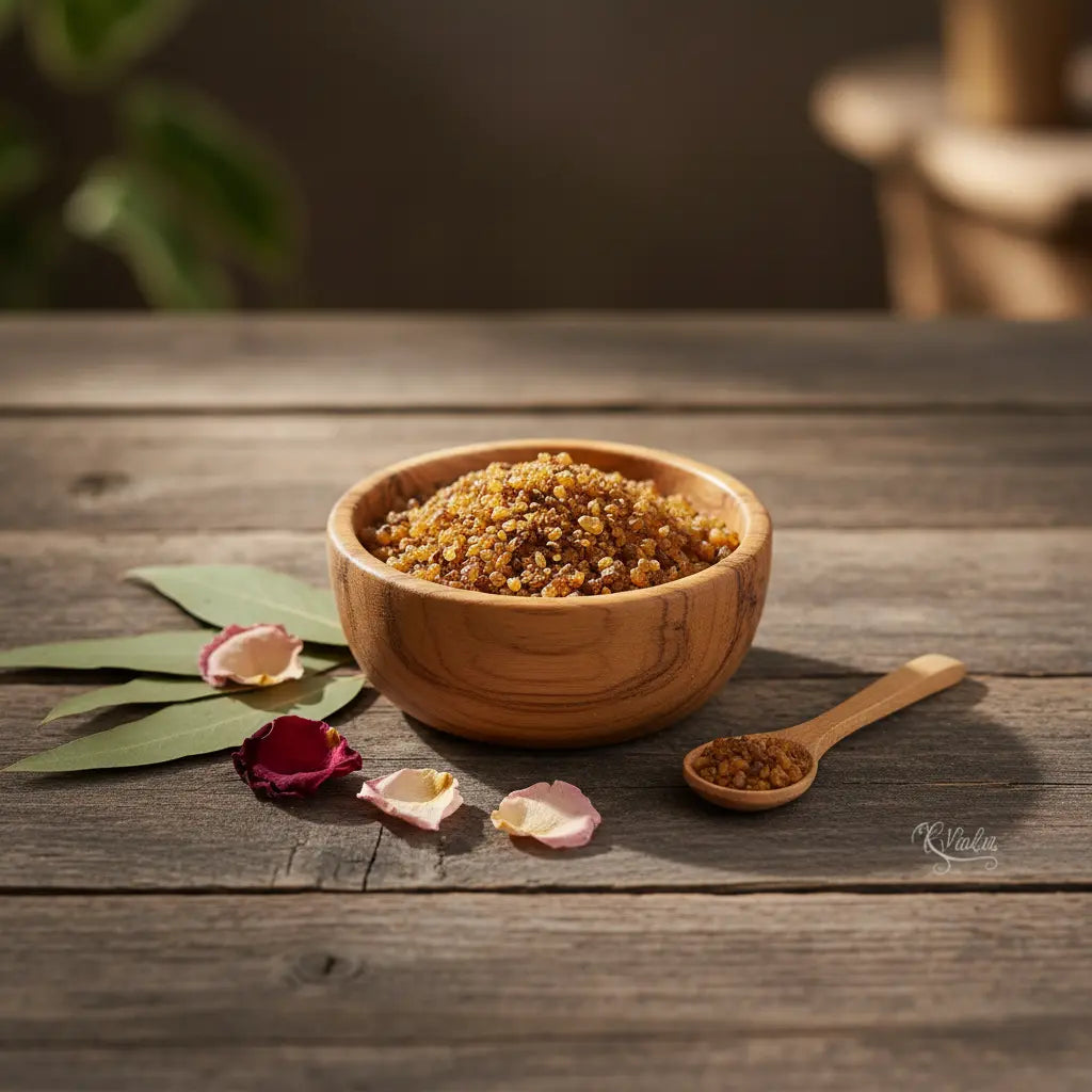 Coupelle en bois remplie de grains d’encens Sainte Thérèse dorés avec petite cuillère, feuilles d’eucalyptus et pétales de rose sur table en bois.