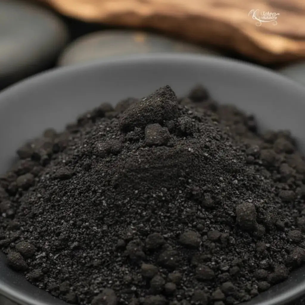 Gros plan sur un monticule d'Encens Storax (Styrax) en poudre fine noire et très sombre, dans un bol en céramique grise.