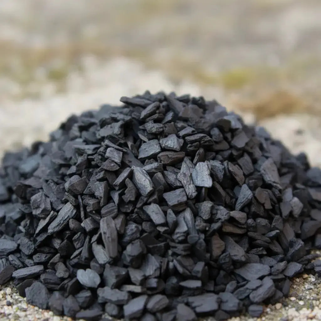 Gros plan sur des grains d’encens storax noirs en copeaux sur fond naturel.