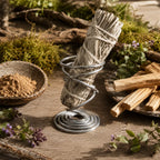 Bâton de sauge blanche dans un support en spirale métallique sur une table en bois avec du Palo Santo.