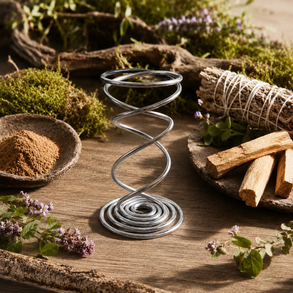 Support Métal pour Palo Santo et Sauge Blanche en forme de spirale argentée, posé sur une table en bois forestière à côté de bâtonnets de bois sacré et d'un fagot de sauge.