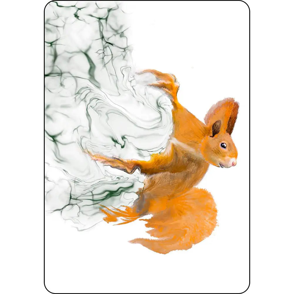 Carte illustrée du jeu Synchronicity représentant un écureuil roux en plein saut dont l'arrière du corps se dissout en fumée verte, sur fond blanc.