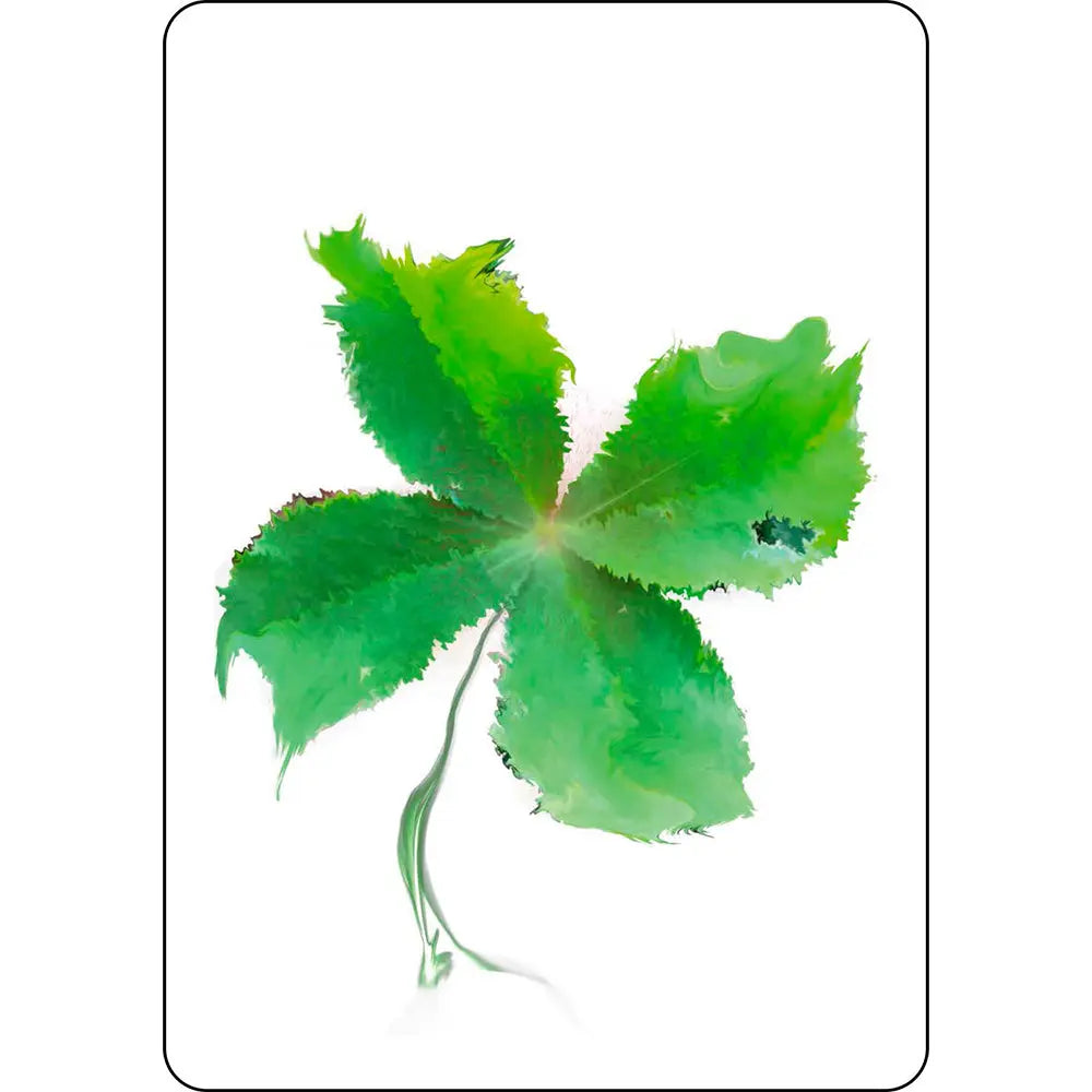 Carte illustrée du jeu Synchronicity représentant un trèfle à quatre feuilles vert dessiné à l'aquarelle sur fond blanc.