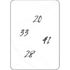 Carte du jeu Synchronicity affichant quatre nombres manuscrits en noir (20, 33, 41, 28) dispersés sur un fond blanc.
