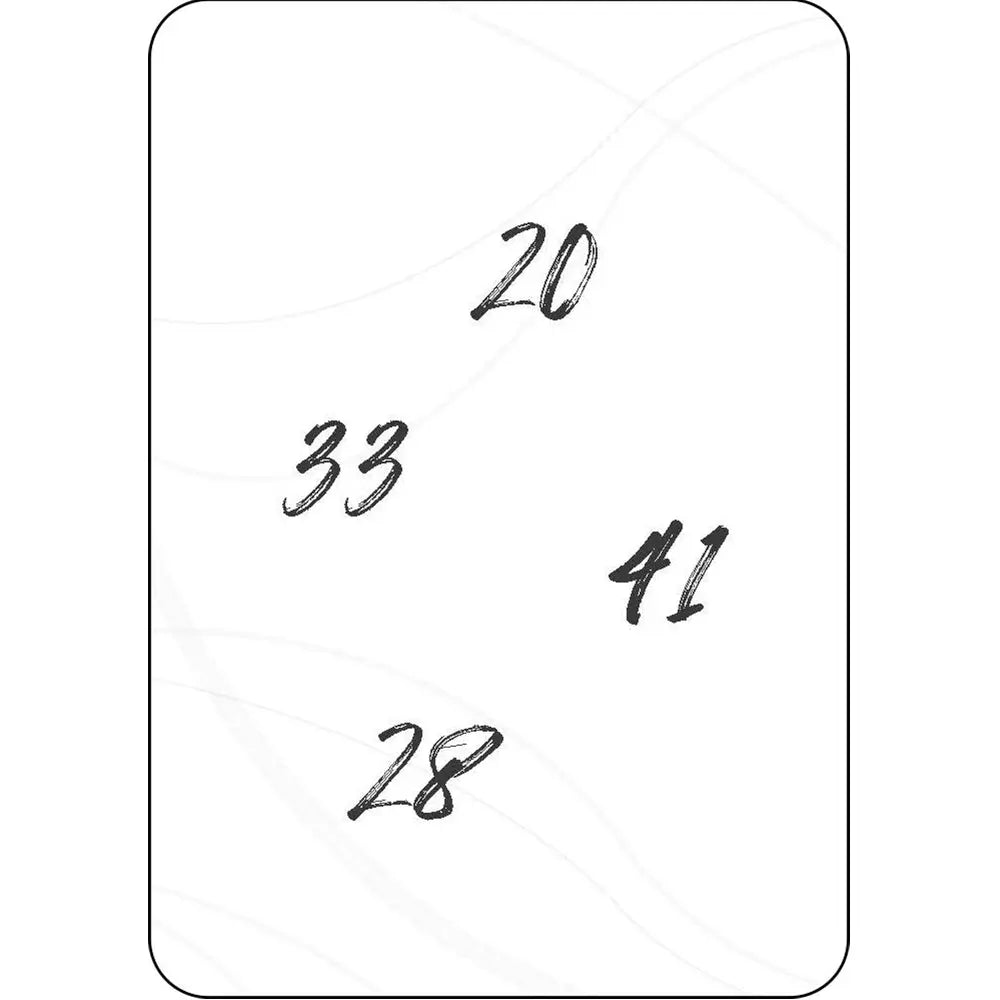 Carte du jeu Synchronicity affichant quatre nombres manuscrits en noir (20, 33, 41, 28) dispersés sur un fond blanc.