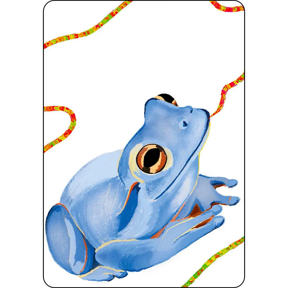 Carte illustrée du jeu Synchronicity représentant une grenouille bleue aux grands yeux, entourée de lianes colorées sur fond blanc.