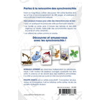 Dos du coffret Synchronicity, présentant le texte explicatif, une rangée de six cartes illustrées et la biographie des auteurs.