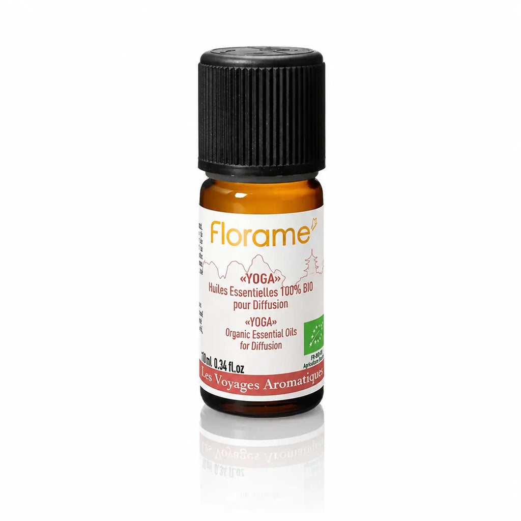 Synergie d'huiles essentielles BIO Florame "Yoga" pour diffusion, gamme Les Voyages Aromatiques.