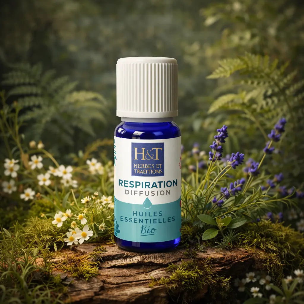 Flacon bleu d'huiles essentielles à diffuser Respiration Herbes et Traditions posé sur une écorce moussue avec des fleurs de camomille et de lavande.