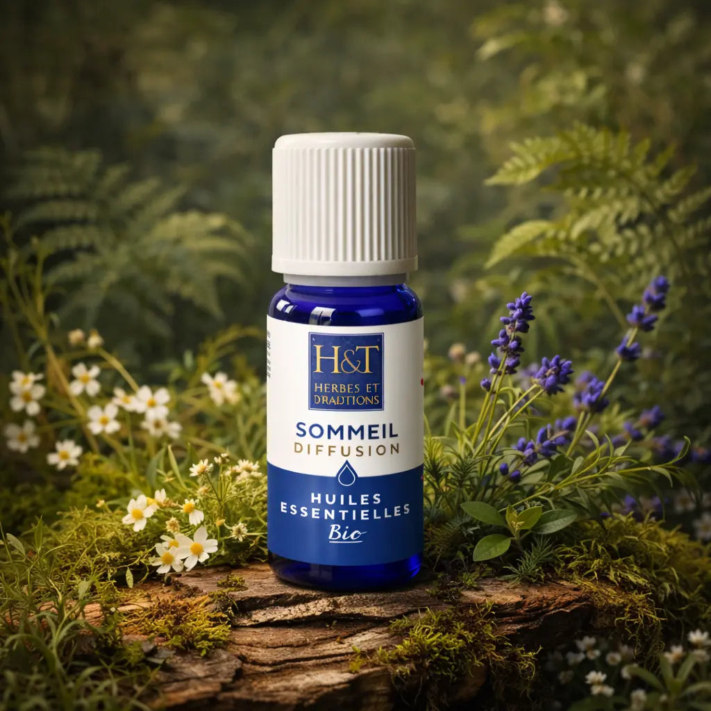 Flacon bleu d'huiles essentielles à diffuser Sommeil Herbes et Traditions posé sur une souche moussue avec des fleurs de camomille et de lavande en arrière-plan.