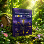 Livre Talismans, Pentacles & Protections de Pamela Moore posé sur un tapis de mousse forestière à côté d'une souche d'arbre, entouré de fleurs sauvages.