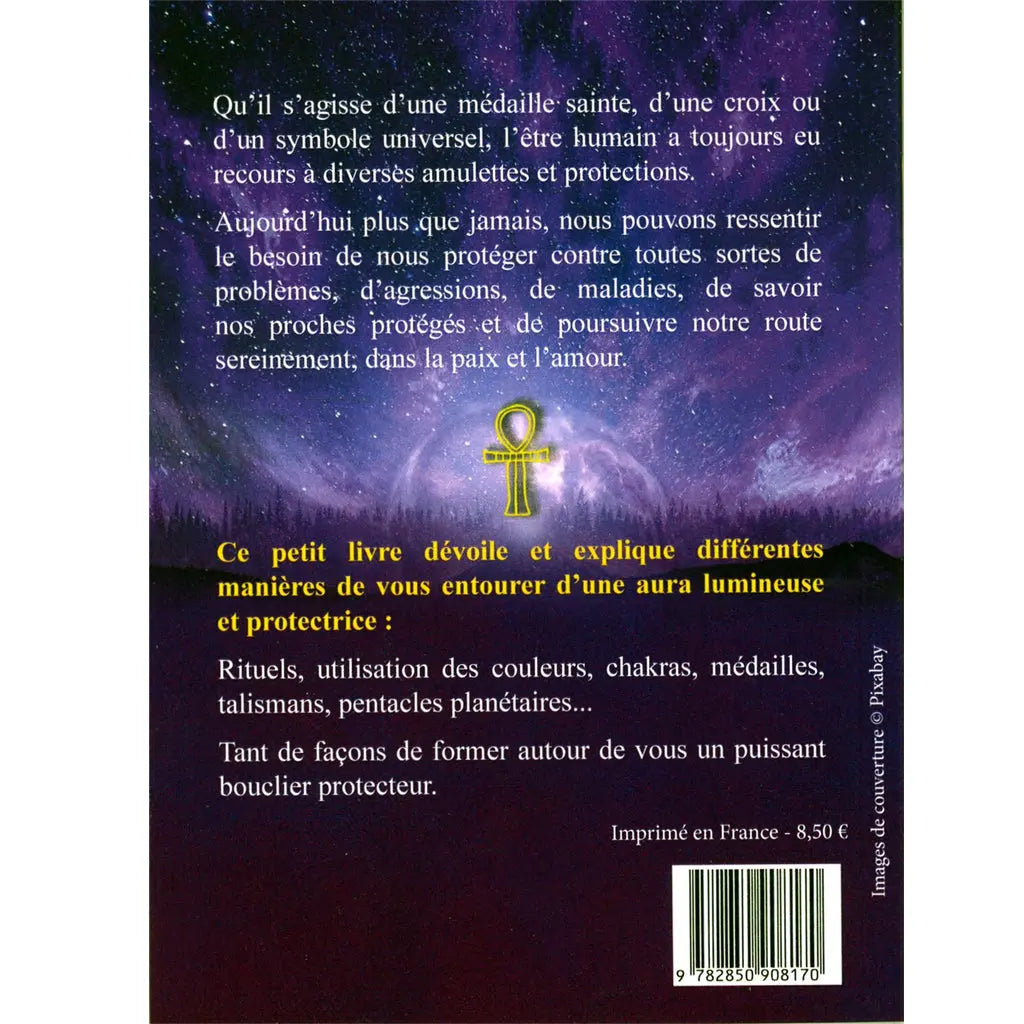 Quatrième de couverture du livre Talismans, Pentacles & Protections, présentant le texte de présentation et une croix d'Ankh dorée sur fond de ciel étoilé violet.