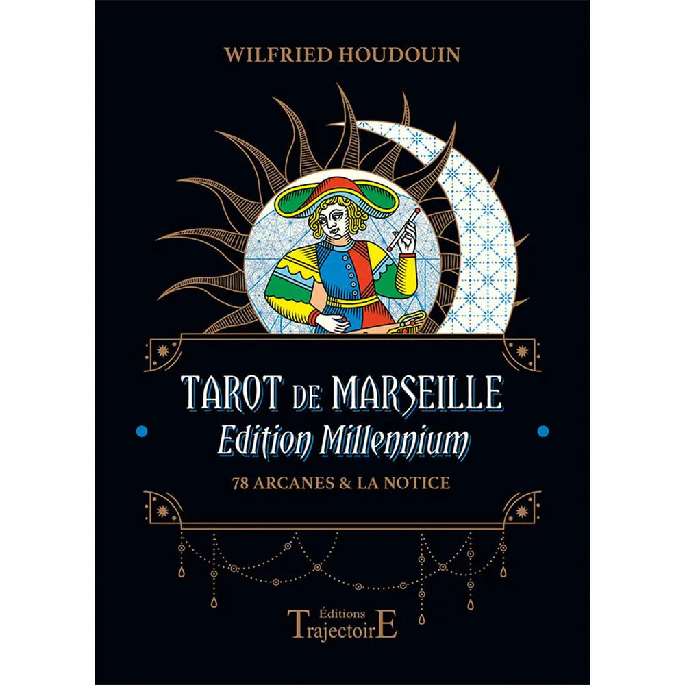 Couverture du coffret « Tarot de Marseille – Édition Millennium » de Wilfried Houdouin, sur fond noir avec illustration style tarot.