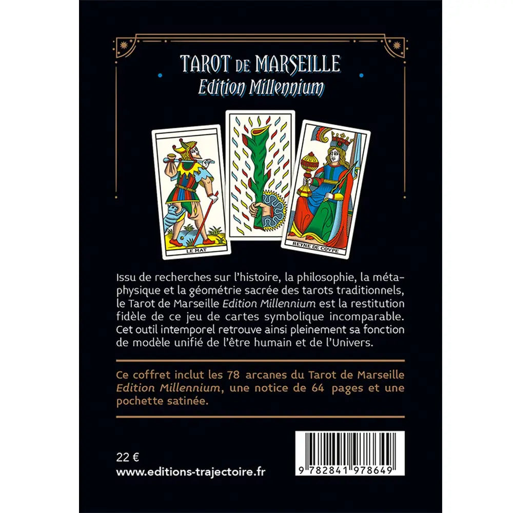 Dos du coffret « Tarot de Marseille – Édition Millennium », avec texte de présentation, trois cartes illustrées et code-barres.