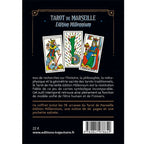 Dos du coffret « Tarot de Marseille – Édition Millennium », avec texte de présentation, trois cartes illustrées et code-barres.
