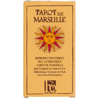 Boîte « Tarot de Marseille », reproduction fidèle de l’authentique tarot, avec motif soleil sur fond jaune.