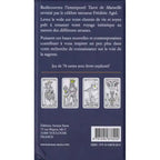 Dos du coffret Tarot de Marseille revisité, fond bleu avec texte de présentation, mention Jeu de 78 cartes avec livret explicatif et code-barres.