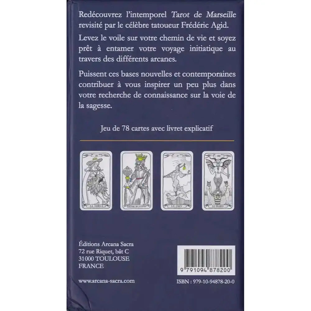 Dos du coffret Tarot de Marseille revisité, fond bleu avec texte de présentation, mention Jeu de 78 cartes avec livret explicatif et code-barres.