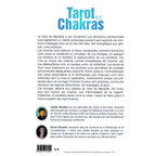 Quatrième de couverture du livre « Tarot et chakras » : fond blanc avec le titre « Tarot et chakras » en haut (bleu), un long texte de présentation expliquant le lien entre Tarot de Marseille, chakras et rééquilibrage énergétique, puis en bas deux encadrés avec les photos et biographies de Colette Silvestre et Karine Silvestre. En bas figurent aussi un code-barres et le prix 18 €.