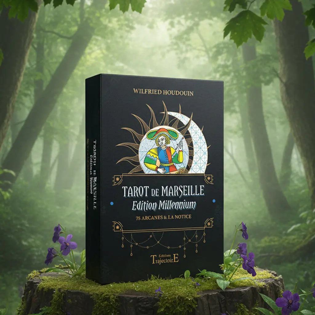 Coffret noir et or Le Tarot de Marseille Edition Millennium de Wilfried Houdouin posé sur une souche, orné du Mat dans une mandorle de géométrie sacrée.