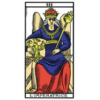 Carte “L’Impératrice” (Tarot de Marseille) : femme couronnée assise, robe bleue et rouge, tenant un sceptre et un bouclier à l’aigle.