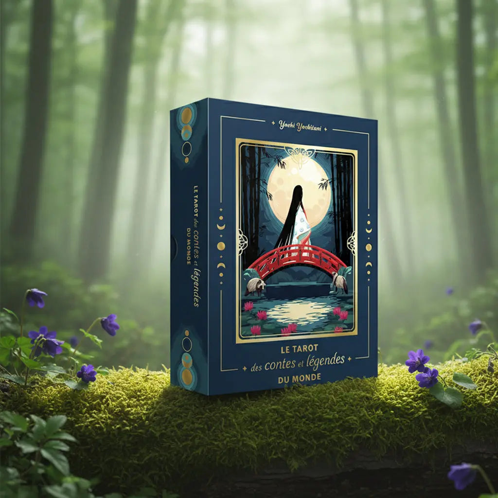 Coffret bleu nuit Le Tarot des Contes et Légendes du Monde de Yoshi Yoshitani posé sur une souche, illustré d'une figure féminine sur un pont rouge sous la pleine lune (légende japonaise).