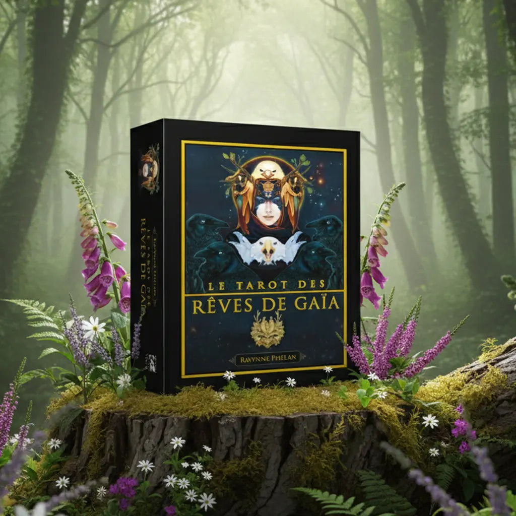 Coffret noir Le Tarot des Rêves de Gaïa de Ravynne Phelan posé sur une souche, illustré d'une figure mystique encapuchonnée entourée de corbeaux et d'un masque de rapace blanc.