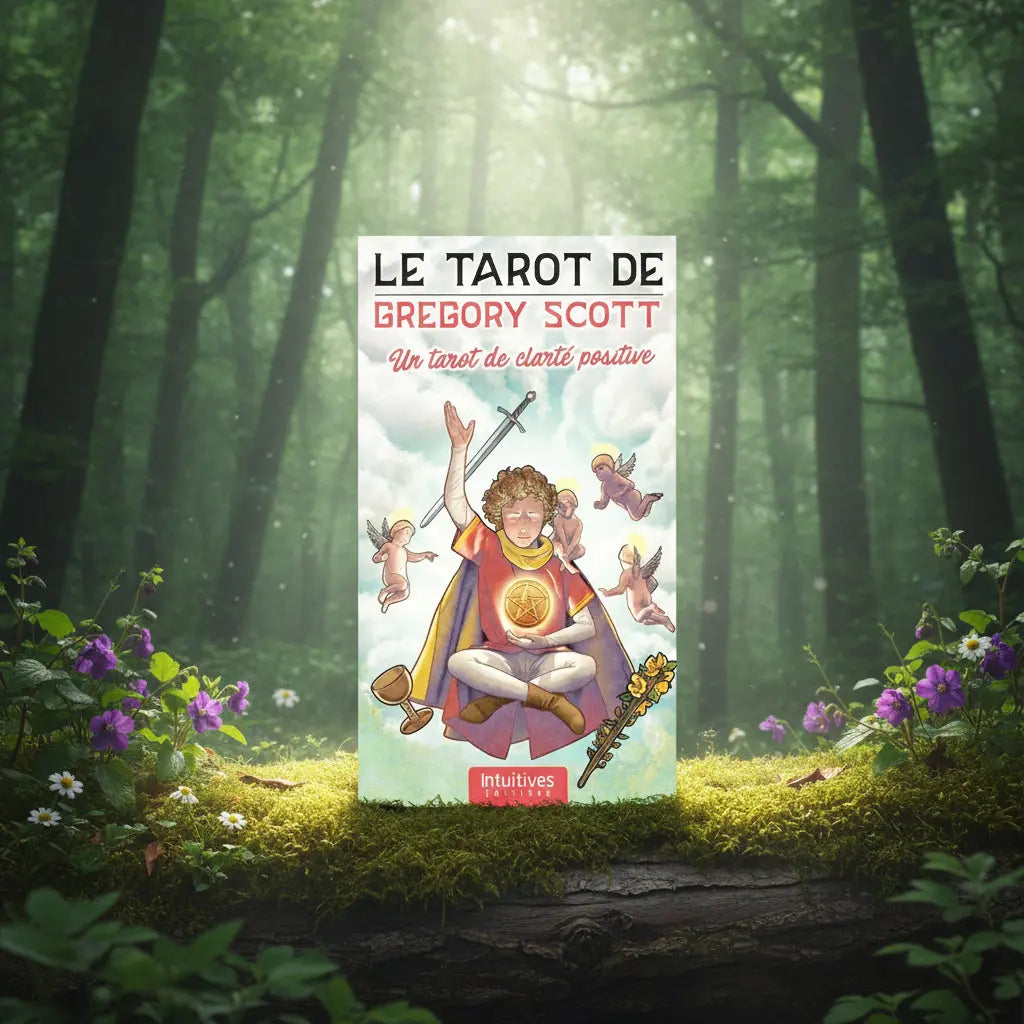 Coffret Le Tarot Gregory Scott posé sur une souche, illustré d'un personnage méditant entouré des quatre as et de chérubins sur fond de ciel nuageux.