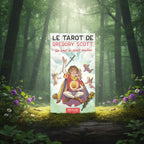 Coffret Le Tarot Gregory Scott posé sur une souche, illustré d'un personnage méditant entouré des quatre as et de chérubins sur fond de ciel nuageux.