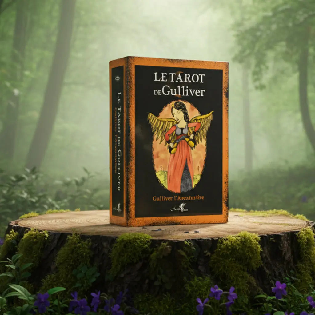 Coffret orange et noir au style vintage Le Tarot de Gulliver posé sur une souche, illustré d'une femme ailée en robe rouge (l'Aventurière) dans un médaillon central.