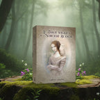 Coffret beige Le Tarot Magique de la Sorcière Blanche de Gabriel Sanchez posé sur une souche, illustré d'une femme romantique tenant une chouette blanche.
