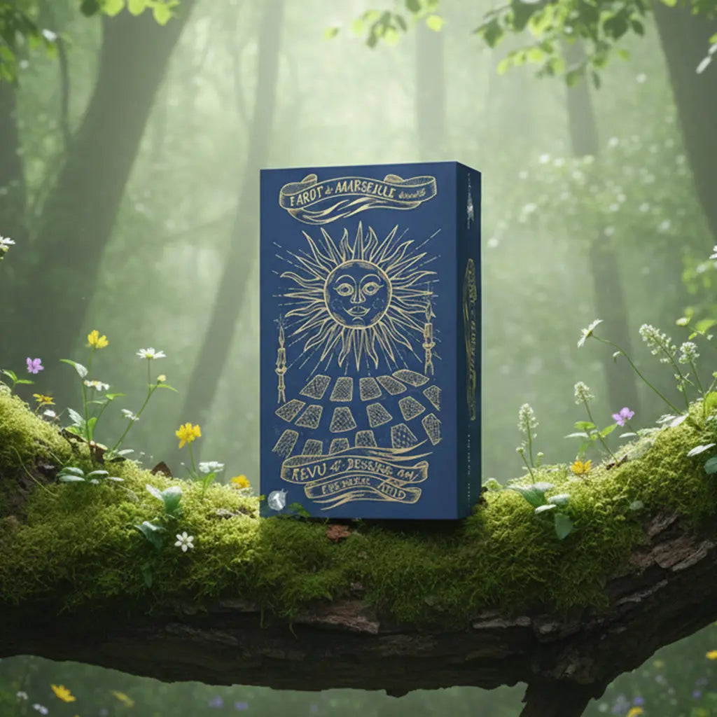 Boîte bleue nuit aux dorures élégantes du Tarot de Marseille Revisité posée sur une souche, illustrée d'un soleil à visage humain stylisé.