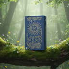 Boîte bleue nuit aux dorures élégantes du Tarot de Marseille Revisité posée sur une souche, illustrée d'un soleil à visage humain stylisé.