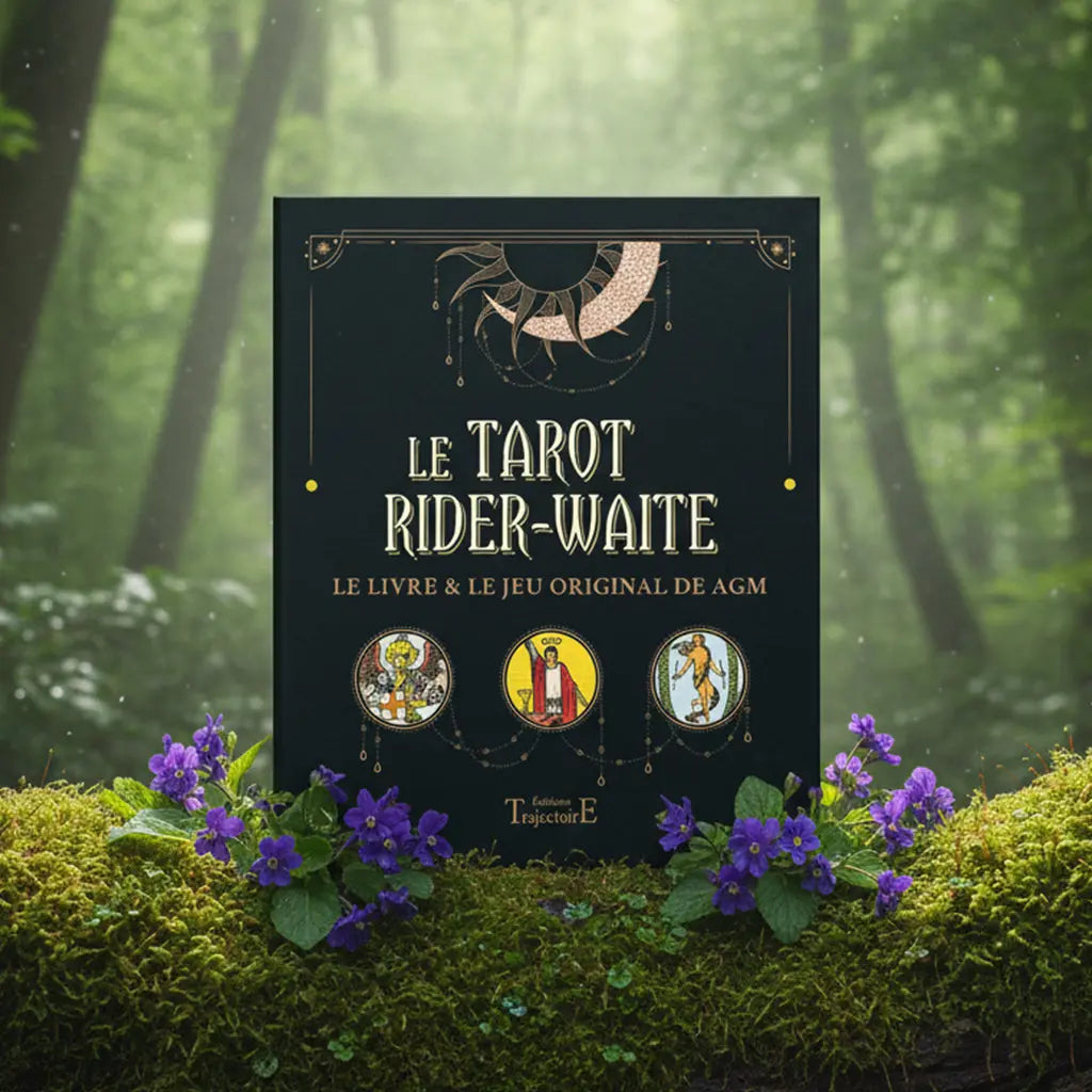 Coffret noir et or Le Tarot Rider-Waite posé sur une souche, illustré de trois médaillons montrant le Magicien, le Monde et le Jugement avec des motifs géométriques dorés.