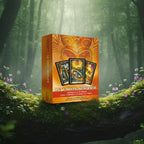 Coffret orange Le Tarot Simplifié de Josephine Ellershaw posé sur une souche, illustré d'un masque solaire ailé et de trois cartes du Tarot Doré par Ciro Marchetti.