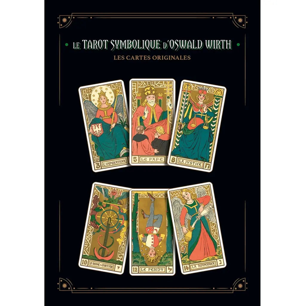 Visuel « Le Tarot symbolique d’Oswald Wirth » sur fond noir, avec six cartes de tarot dorées illustrées.